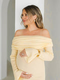 Plataz Yellow Knit Off Shoulder Flare Sleeve Mermaid Bodycon Elegant Vacation Photoshoot Baby Shower Maternity Maxi Dress Maternity
