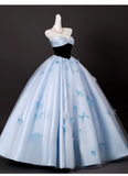 Chic Sky Blue Sweetheart Beaded Sweet 16 Quinceanera 3D Flowers A-Line Strapless Evening Dress Long Ball Gown HZ1024