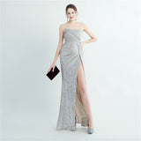 Plataz Density Sequin Pleated Side Slit Sling Long Evening HZ1007