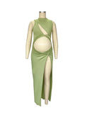 Plataz Olive Cut Out Irregular Split Ruffle Side Slit Bodycon Chic Photoshoot Maternity Maxi Dress Maternity