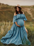 Plataz Boho Solid Color Off Shoulder Backless Linen Cotton Ruffle 2-in-1 Crop Cap Sleeve Side Slit Photoshoot Maternity Maxi Dress Maternity