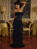 Plataz Black Strapless Ruffle Gown ¨C Sheer Waist-Cinching Evening Dress for Gala & HZ1007