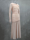 Plataz Sleeves Skinny Pleated See-Through Solid Color Split-Joint Round-Neck Evening Dresses Maxi HZ1007