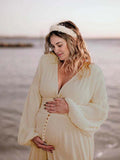 Plataz Ivory White Single Breasted Open Front Big Swing Deep V-neck Robe Elegant Wedding Gown Maternity Boho Photoshoot Baby Shower Maxi Dress Maternity