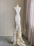 Plataz Mermaid Scoop Satin Night Party Dress White Long Prom Dresses SD1524 HZ0628