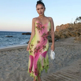 Plataz Green Gradient Beaded Spaghetti Strap Chiffon Long Ruffled Evening Dress Party Prom Dress HZ1007