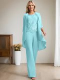 Plataz Jumpsuit/Pantsuit Scoop Floor-Length Chiffon Lace Mother of the Bride Dress With Beading HZ1007