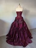 Vintage Burgundy Satin Sweet 16 Quinceanera Strapless Beaded Evening Dress Long Ball Gown HZ1024