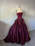 Vintage Burgundy Satin Sweet 16 Quinceanera Strapless Beaded Evening Dress Long Ball Gown HZ1024