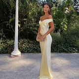 Plataz Mermaid Off The Shoulder Yellow Satin Long Evening Dress Prom Dresses SD2063 HZ0628