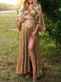 Plataz Golden Sparkly Sequin Side Slit Flare Sleeve Elegant Evening Gown Boho Maternity Photoshoot Baby Shower Party Maxi Dress Maternity
