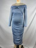 Plataz Blue Ruched Off Shoulder Cross Chest Bodycon Elegant Wedding Guest Maternity Photoshoot Midi Dress Maternity