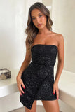 Vintage Black Sequin Strapless Sheath Homecoming Dress Party Dress Cocktail Dress HZ1024