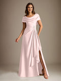 Plataz Scoop Floor-Length Stretch Satin Mother of the Bride Dress With Cascading HZ1007
