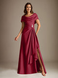 Plataz Scoop Floor-Length Stretch Satin Mother of the Bride Dress With Cascading HZ1007