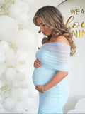 Plataz Light Blue Mesh Off Shoulder Ruched Mermaid Elegant Maternity Baby Shower Maxi Dress Maternity