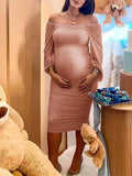 Plataz Mesh Ruched Off Shoulder Lantern Sleeve Square Neck Bodycon Elegant Party Maternity Photoshoot Baby Shower Midi Dress Maternity