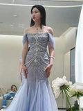 Plataz Mermaid Off The Shoulder Blue Tulle Silver Beads Long Prom Dresses Formal Evening Dress SD1399 HZ0628