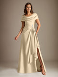 Plataz Scoop Floor-Length Stretch Satin Mother of the Bride Dress With Cascading HZ1007