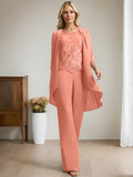 Plataz Jumpsuit/Pantsuit Scoop Floor-Length Chiffon Lace Mother of the Bride Dress With Beading HZ1007