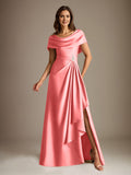 Plataz Scoop Floor-Length Stretch Satin Mother of the Bride Dress With Cascading HZ1007