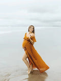 Plataz Ginger Yellow Flowy Ruffle Falbala Wrap Side Slit Big Swing Elegant Baby Moon Beach Vacation Gown Boho Maternity Photoshoot Baby Shower Maxi Dress Maternity
