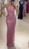 Vintage Pink Glittering Tulle Strapless Evening Gown Sheath Party Dress Long Formal Dress HZ1024
