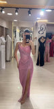 Vintage Pink Glittering Tulle Strapless Evening Gown Sheath Party Dress Long Formal Dress HZ1024