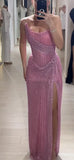 Vintage Pink Glittering Tulle Strapless Evening Gown Sheath Party Dress Long Formal Dress HZ1024