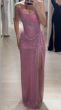 Vintage Pink Glittering Tulle Strapless Evening Gown Sheath Party Dress Long Formal Dress HZ1024