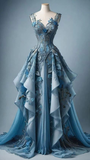 Plataz Blue Chiffon Appliques Ruffles Long Prom Dress Evening Dress HZ1007