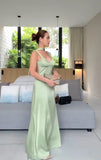 Vintage Sage Green Satin Evening Gown Sheath Straps Party Dress Long Formal Dress HZ1024