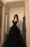 Elegant Black Strapless Prom Dress Sweetheart Tulle Evening Gown A-Line Tiered Party Dress Long Formal Dress HZ1024