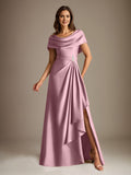 Plataz Scoop Floor-Length Stretch Satin Mother of the Bride Dress With Cascading HZ1007
