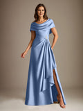 Plataz Scoop Floor-Length Stretch Satin Mother of the Bride Dress With Cascading HZ1007