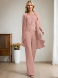 Plataz Jumpsuit/Pantsuit Scoop Floor-Length Chiffon Lace Mother of the Bride Dress With Beading HZ1007