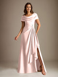 Plataz Scoop Floor-Length Stretch Satin Mother of the Bride Dress With Cascading HZ1007
