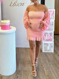 Plataz Pink Off Shoulder Cascading Ruffle Lantern Sleeve Bodycon Cute Babyshower Maternity Mini Dress Maternity