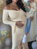 Plataz Beige Off Shoulder Ruffle Falbala Ruched Slit Mermaid Elegant Maternity Baby Shower Maxi Dress Maternity