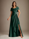 Plataz Scoop Floor-Length Stretch Satin Mother of the Bride Dress With Cascading HZ1007