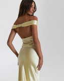 Plataz Mermaid Off The Shoulder Yellow Satin Long Evening Dress Prom Dresses SD2063 HZ0628