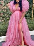 Plataz Pink Tulle Ruffle Swing V-neck Slit Photoshoot Plus Size Gown Maternity Maxi Dress Maternity