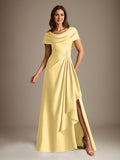 Plataz Scoop Floor-Length Stretch Satin Mother of the Bride Dress With Cascading HZ1007
