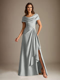 Plataz Scoop Floor-Length Stretch Satin Mother of the Bride Dress With Cascading HZ1007