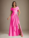 Plataz Scoop Floor-Length Stretch Satin Mother of the Bride Dress With Cascading HZ1007
