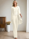 Plataz Jumpsuit/Pantsuit Scoop Floor-Length Chiffon Lace Mother of the Bride Dress With Beading HZ1007