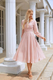 Plataz Women Chiffon V Neck Long Sleeves Knee Length Bridesmaid Prom Evening Dress Wedding Party Shopping HZ1007