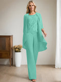 Plataz Jumpsuit/Pantsuit Scoop Floor-Length Chiffon Lace Mother of the Bride Dress With Beading HZ1007