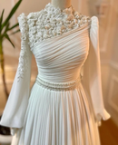 Plataz Wedding Dress Long Sleeves With Pearls Chiffon Appliques Long Pleated Bridal Gowns HZ1007