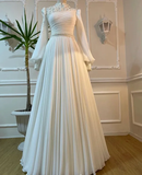 Plataz Wedding Dress Long Sleeves With Pearls Chiffon Appliques Long Pleated Bridal Gowns HZ1007